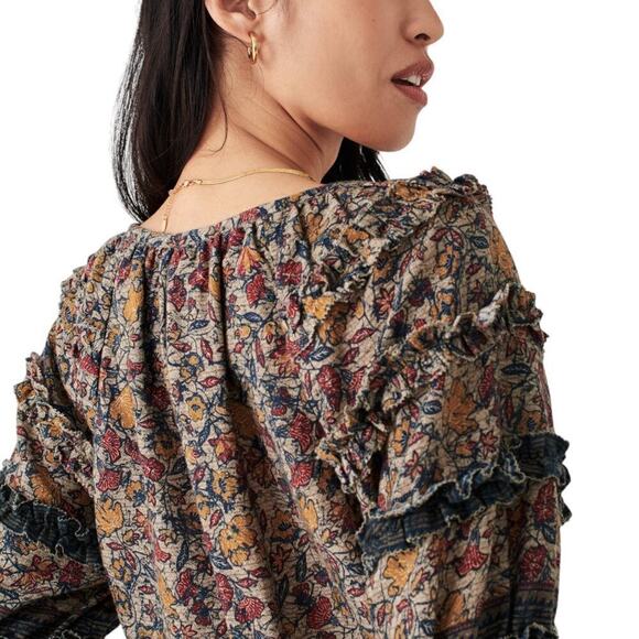 Faherty Bodhi Wildflower Floral 100% Organic Cotton Ruffled Puff Sleeve Top - Picture 3 of 6